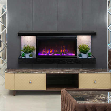 ActiveFlame Home Décor Series Fireplace Floating Mantel Shelf with Lighting, Hexagon Tile Finish