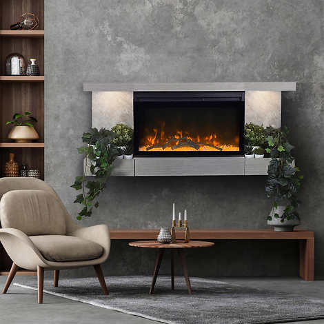 ActiveFlame Home Décor Series Fireplace Floating Mantel Shelf with Lighting, Urban Cement Finish