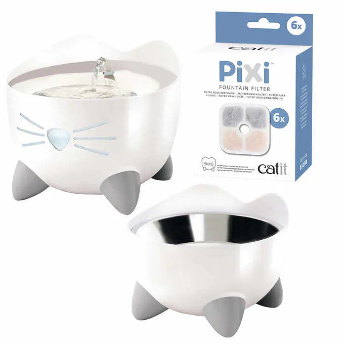 Catit Pixi Fountain with Stainless Steel Top and Catit Pixi Dish, White with 6 Filters