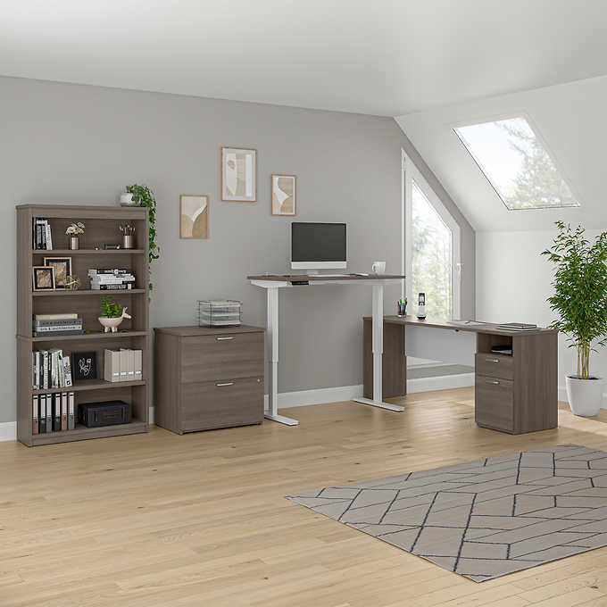 Bestar Upstand 4-piece L-shaped Workstation with Height-Adjustable Desk