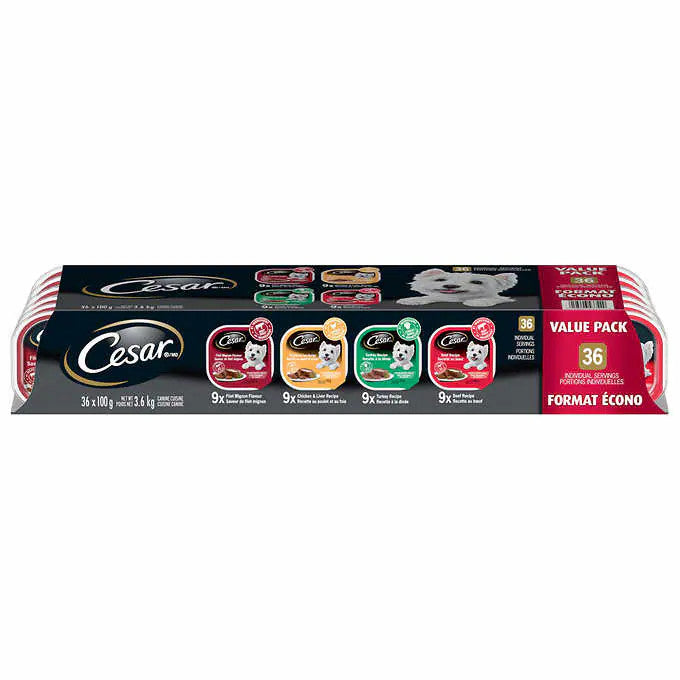 Cesar Classic Loaf in Sauce Soft Wet Dog Food Variety Pack- 36x100g Trays