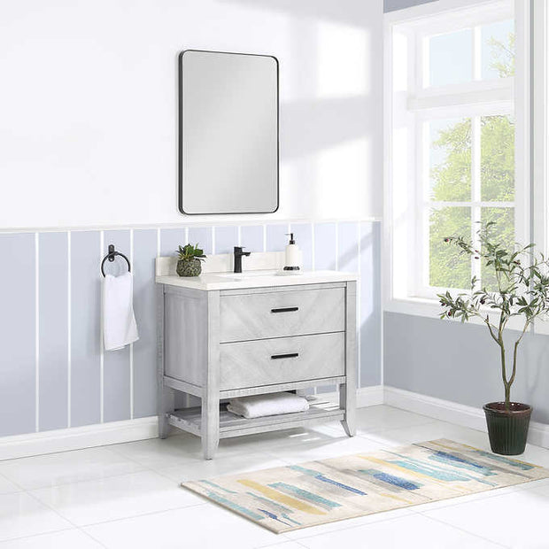 Northridge Home Chevron Single Vanity With Carrara Quartz Countertop, 36 in.