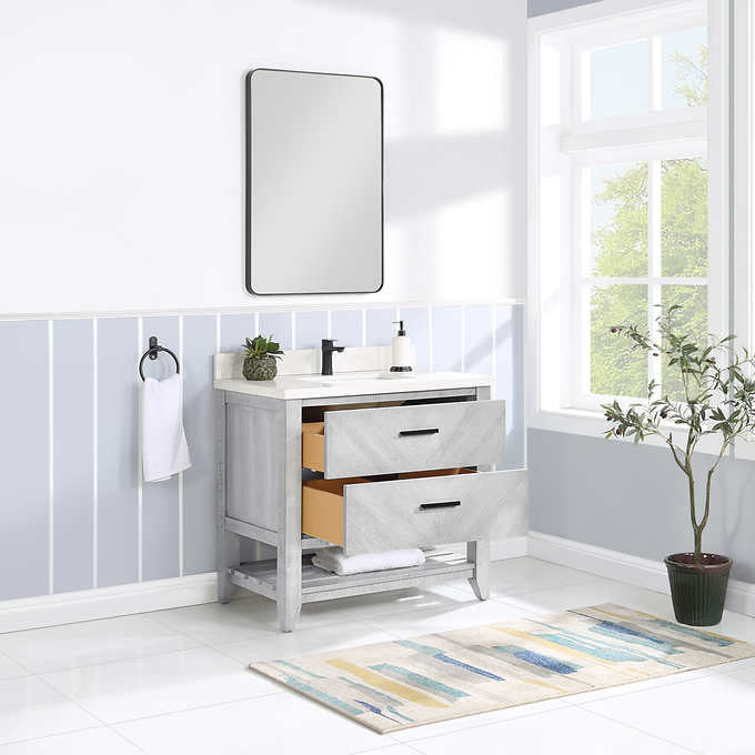 Northridge Home Chevron Single Vanity With Carrara Quartz Countertop, 36 in.
