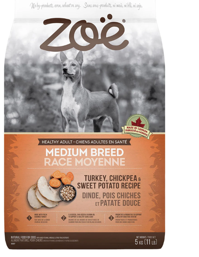 Zoe Medium Breed Dry Dog Food, Turkey Chickpea and Sweet Potato Recipe, 2 x 5 kg (11 lb)