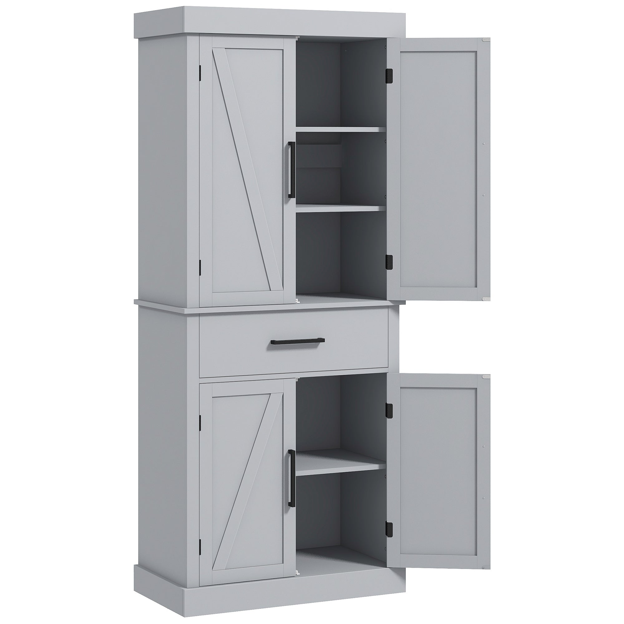 72-Inch Grey Farmhouse Pantry Cabinet with Drawer and Adjustable Shelves