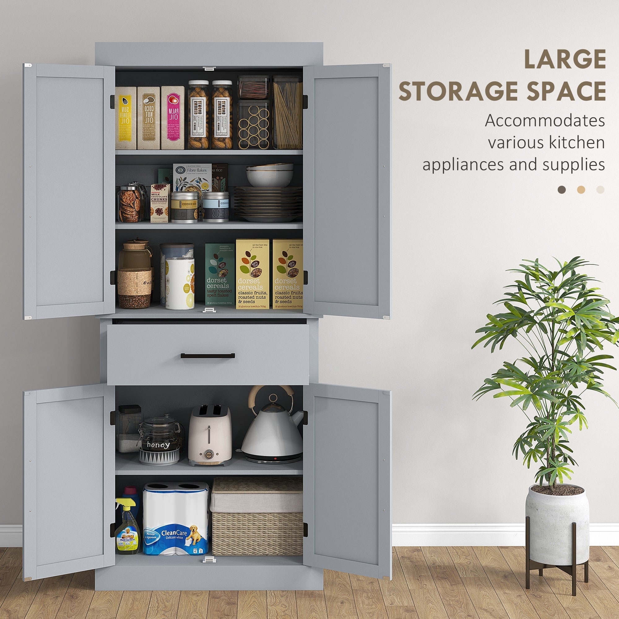 72-Inch Grey Farmhouse Pantry Cabinet with Drawer and Adjustable Shelves