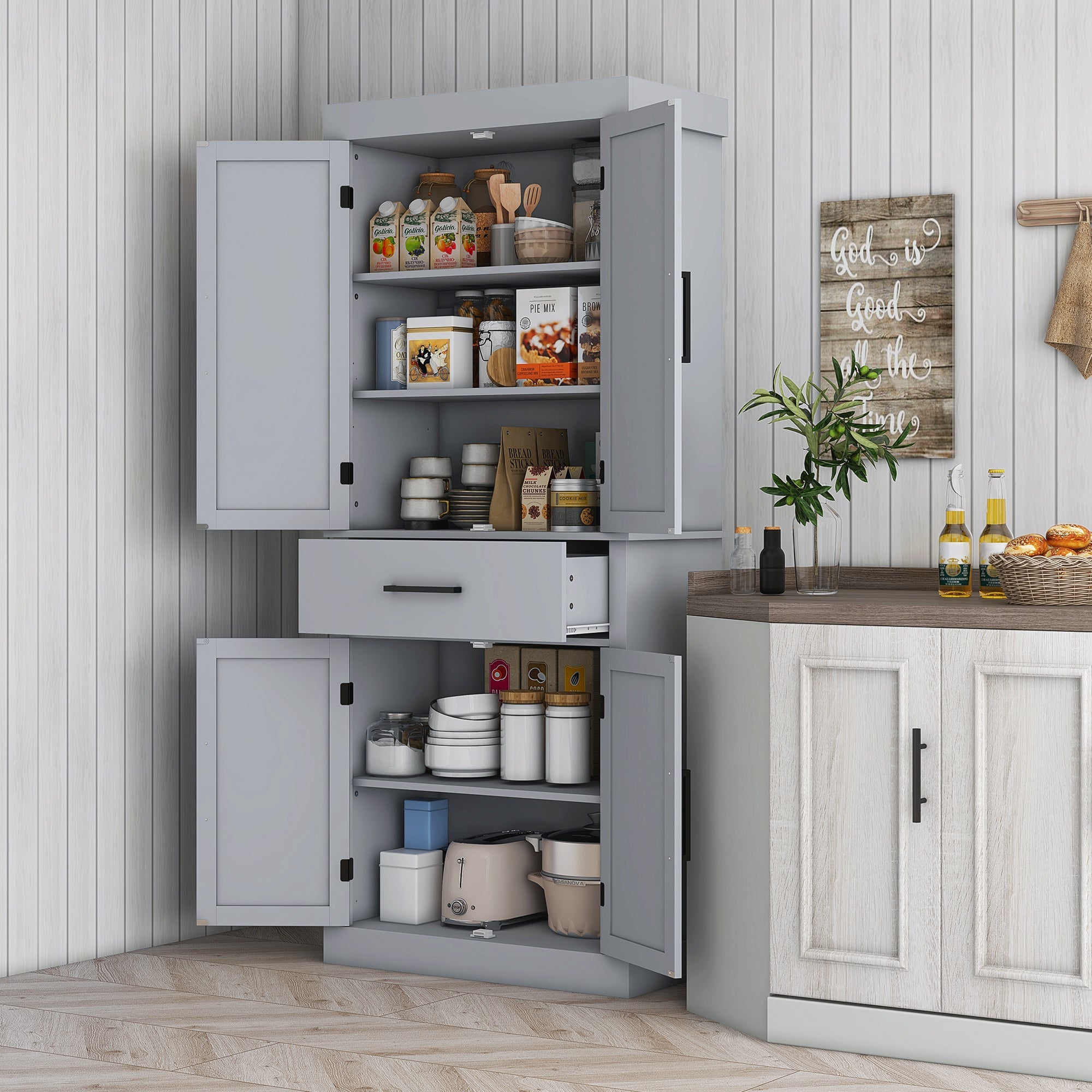 72-Inch Grey Farmhouse Pantry Cabinet with Drawer and Adjustable Shelves