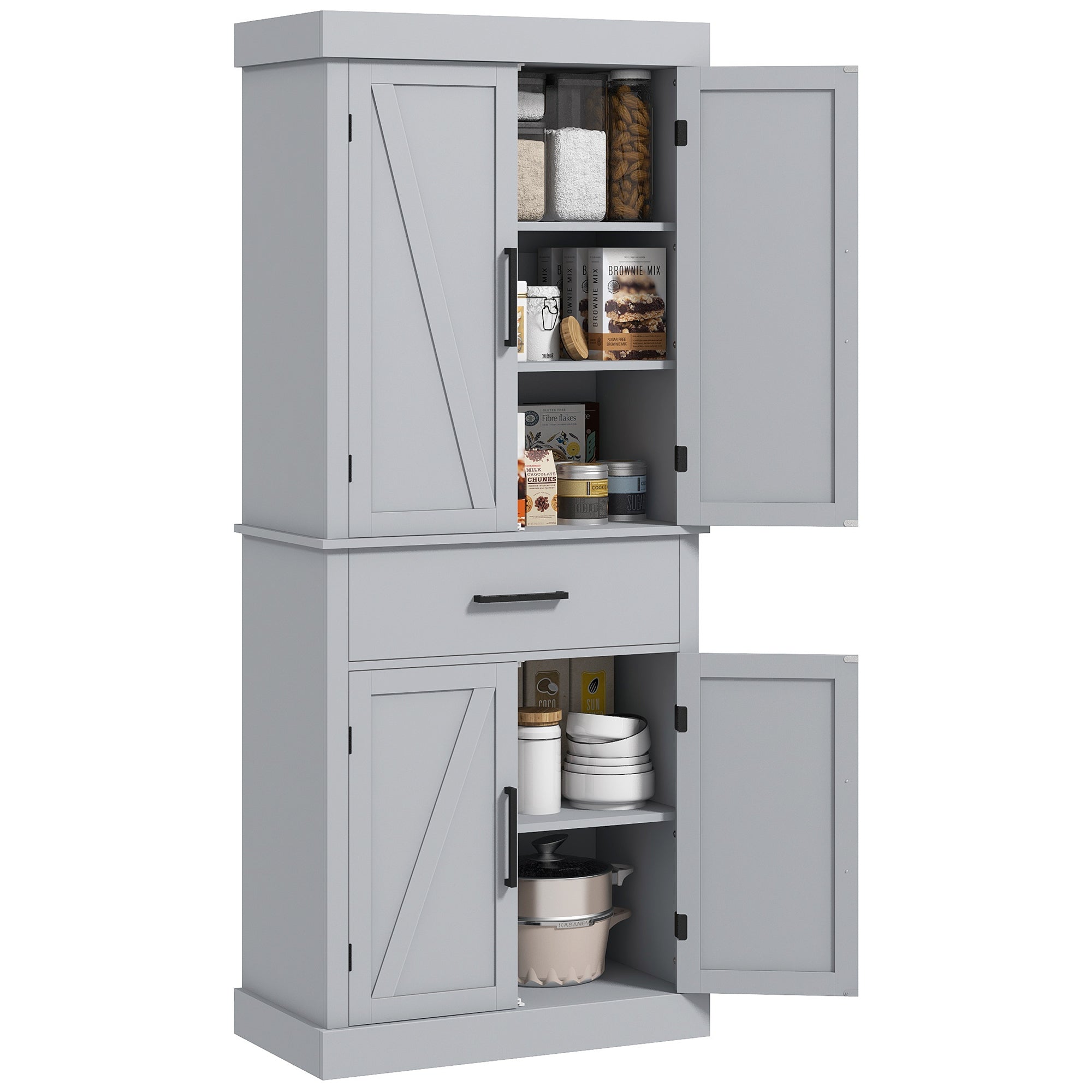 72-Inch Grey Farmhouse Pantry Cabinet with Drawer and Adjustable Shelves
