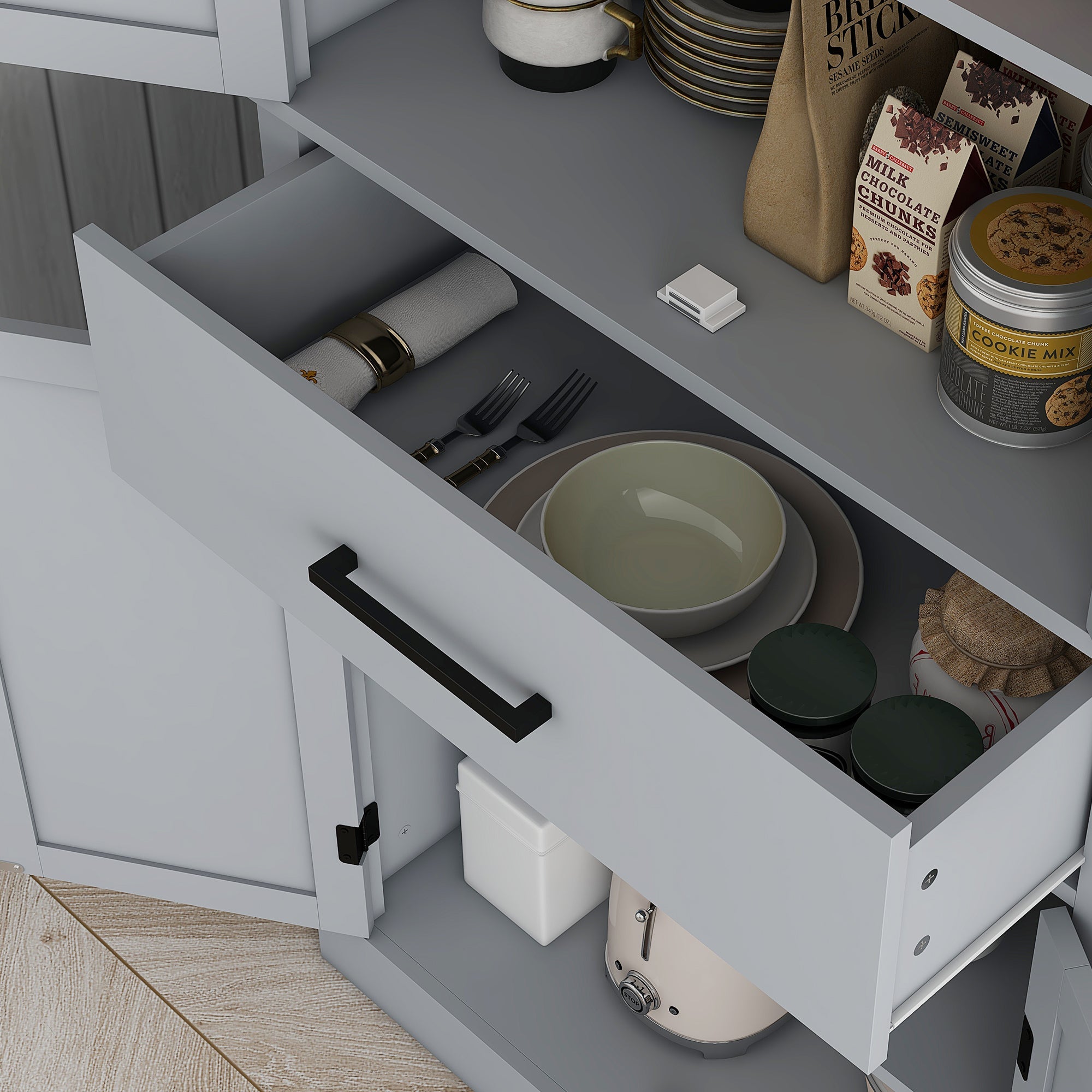 72-Inch Grey Farmhouse Pantry Cabinet with Drawer and Adjustable Shelves