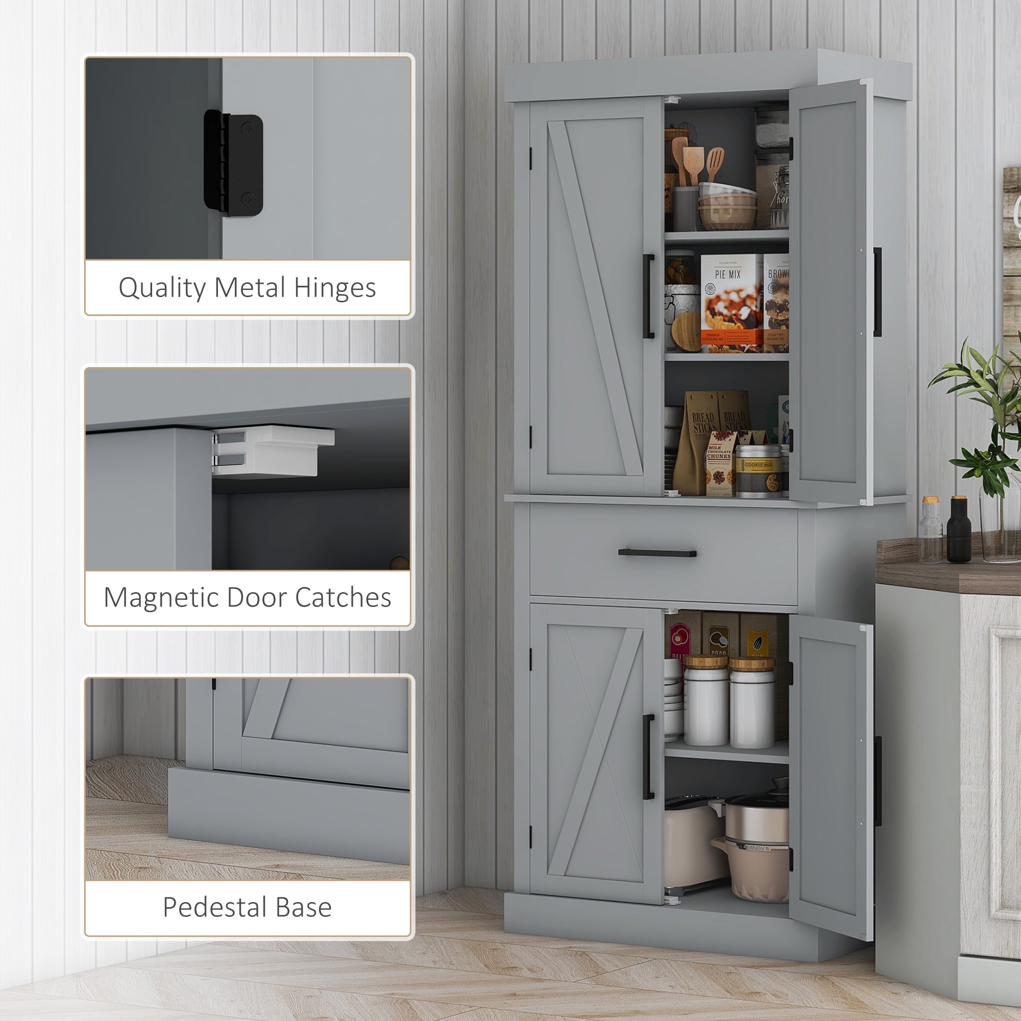 72-Inch Grey Farmhouse Pantry Cabinet with Drawer and Adjustable Shelves