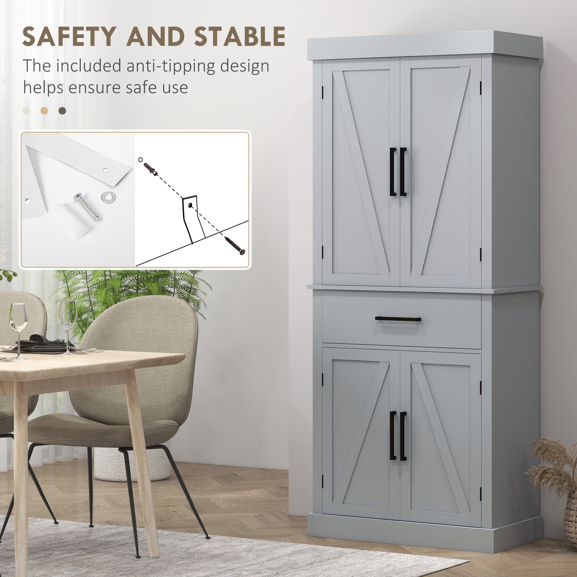 72-Inch Grey Farmhouse Pantry Cabinet with Drawer and Adjustable Shelves