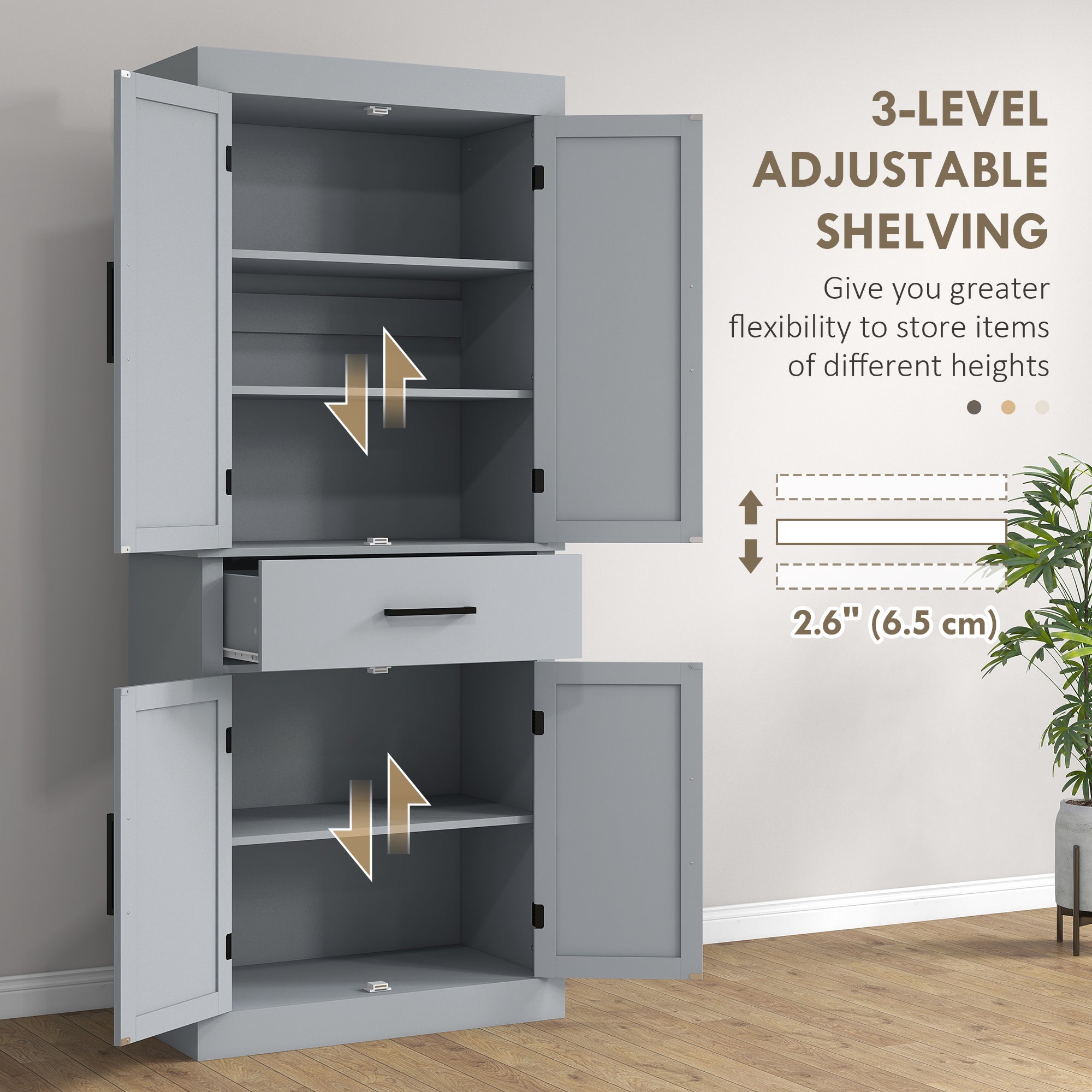 72-Inch Grey Farmhouse Pantry Cabinet with Drawer and Adjustable Shelves