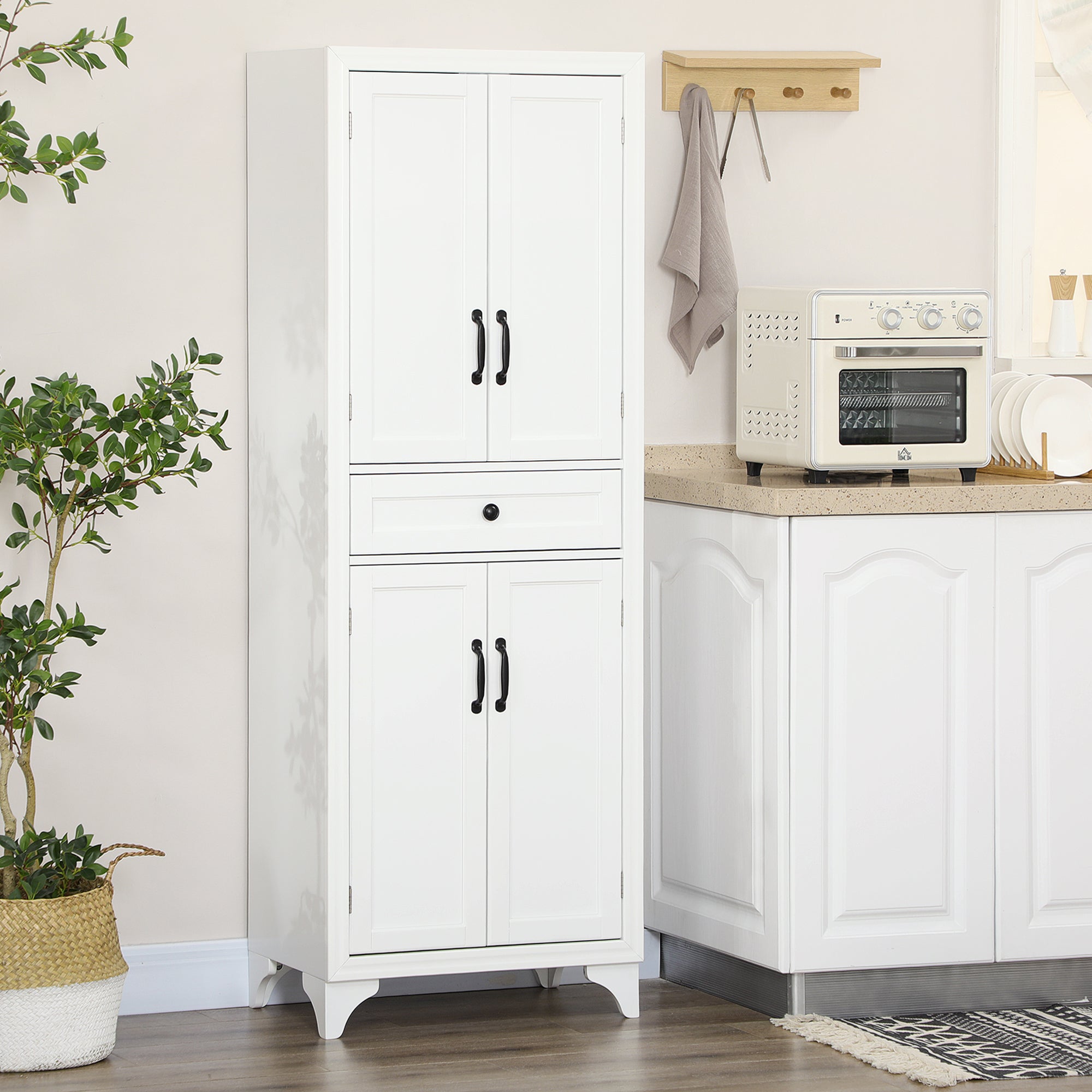67-Inch White Pantry Cabinet with Shaker Doors and Adjustable Shelves