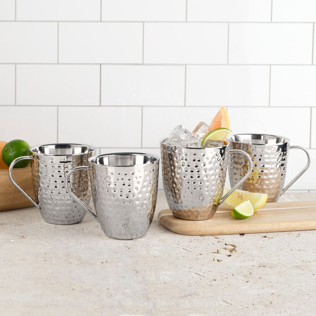 Double Wall Stainless Hammered Set of 4 Mugs