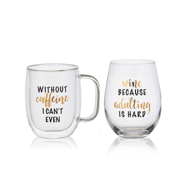 Double Wall Mug and Stemless Wine Glass Set of 2, Caffeine Wine Sentiment