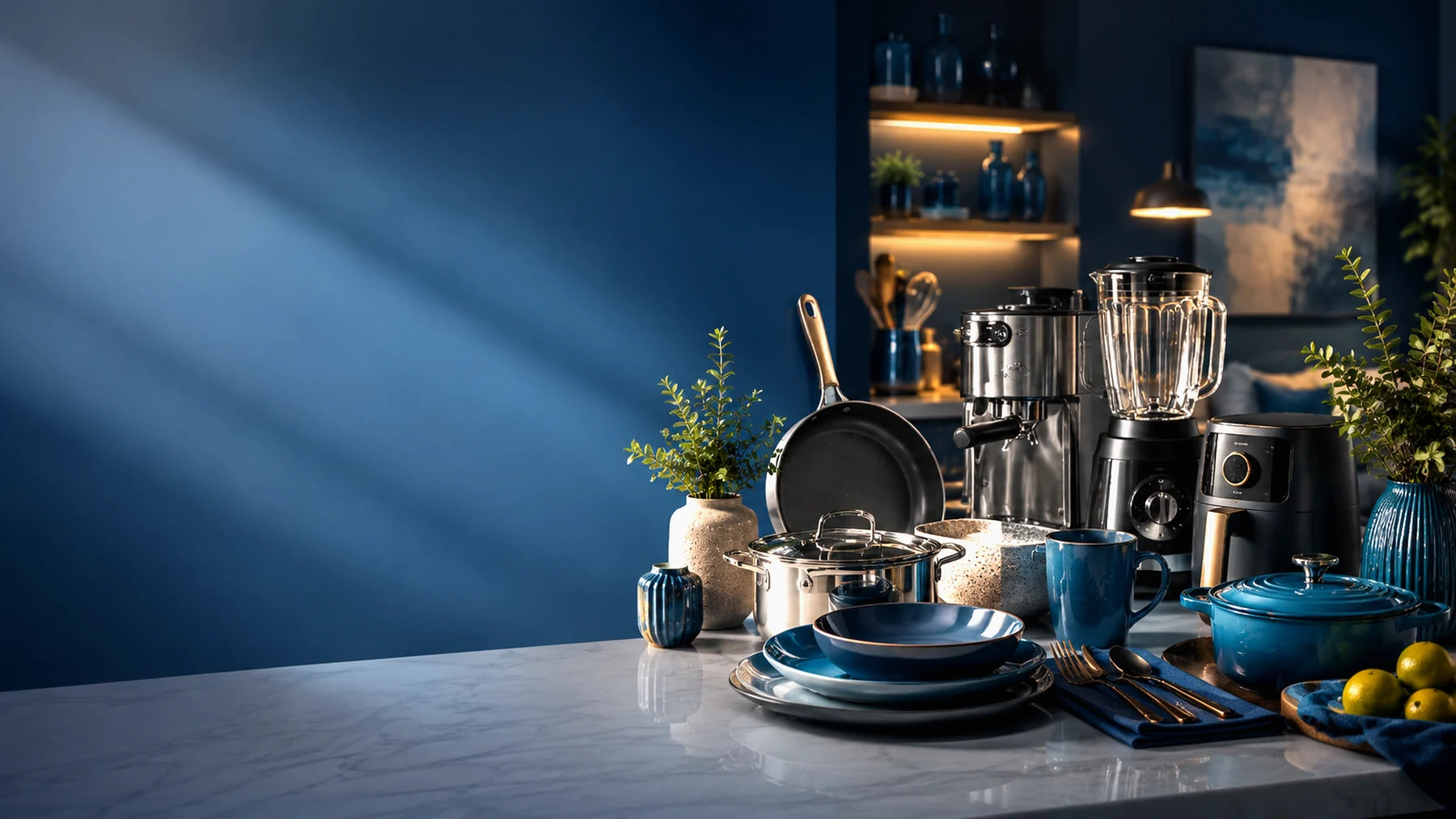 Modern kitchen appliances and cookware